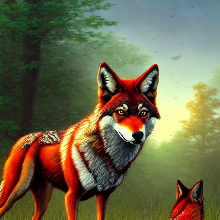 Detailed illustration: Two foxes in sunlit forest clearing, one gazing at viewer