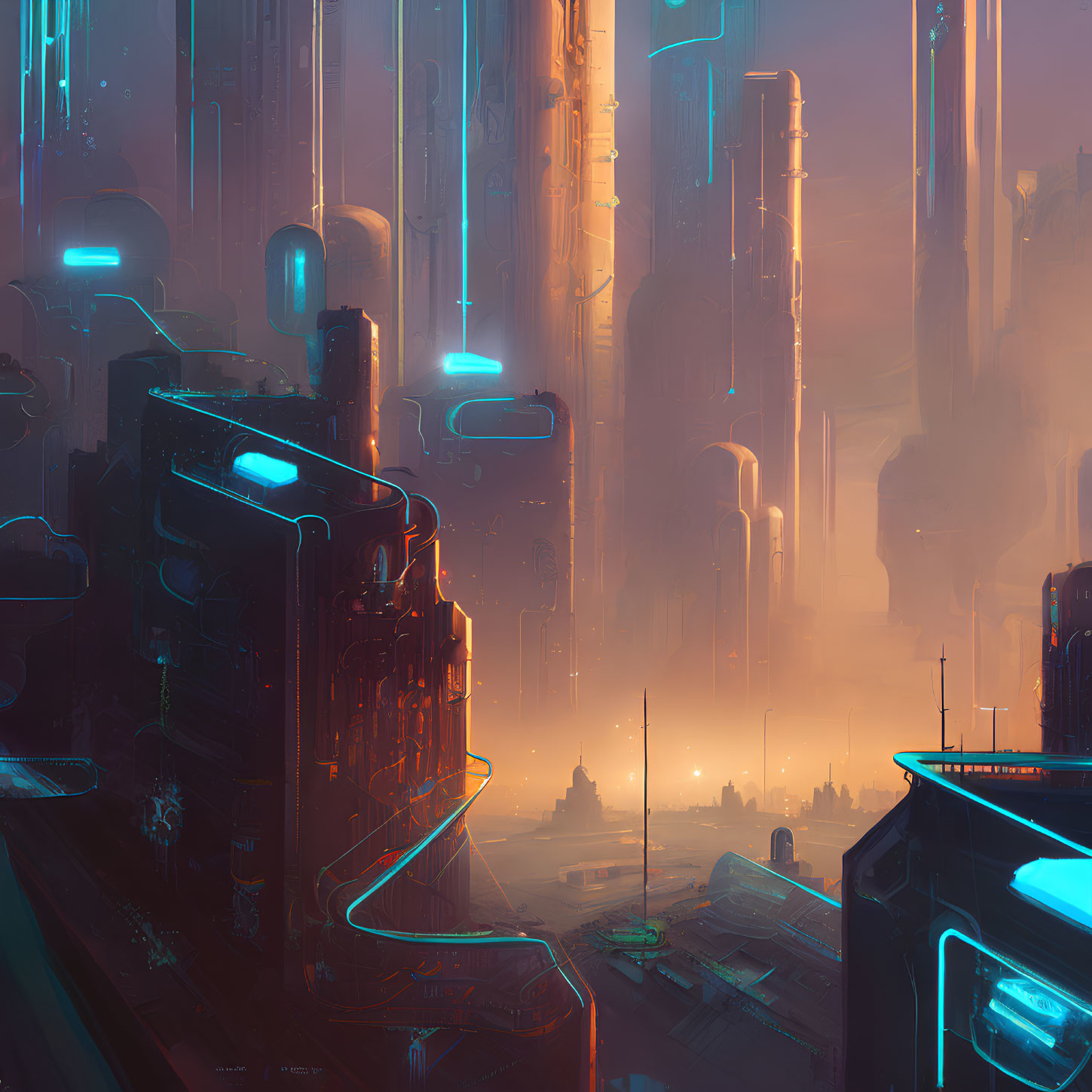 Futuristic cityscape: towering skyscrapers, neon lights, elevated pathways