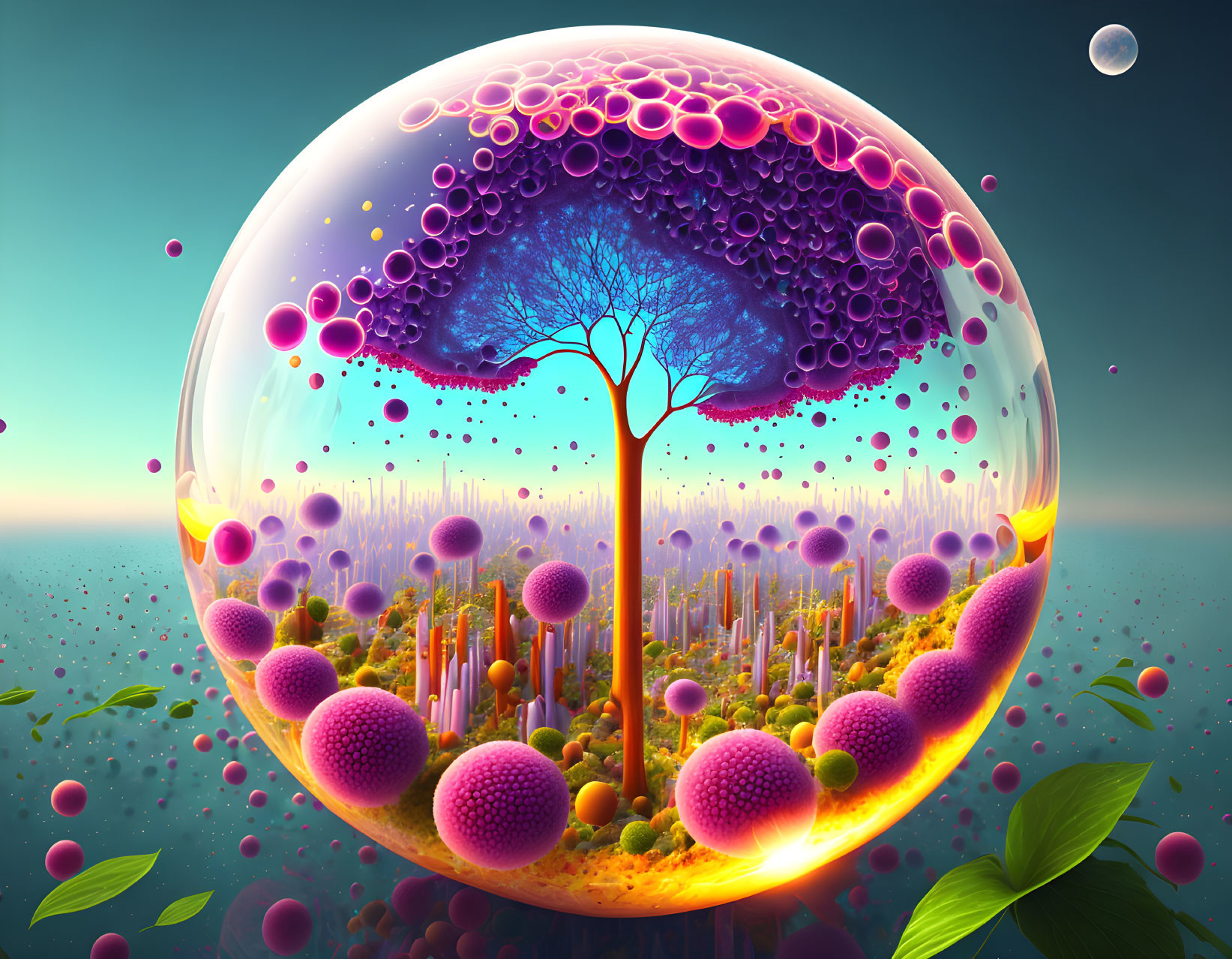 Colorful surreal artwork: Tree in transparent bubble with vibrant orbs & fantastical vegetation