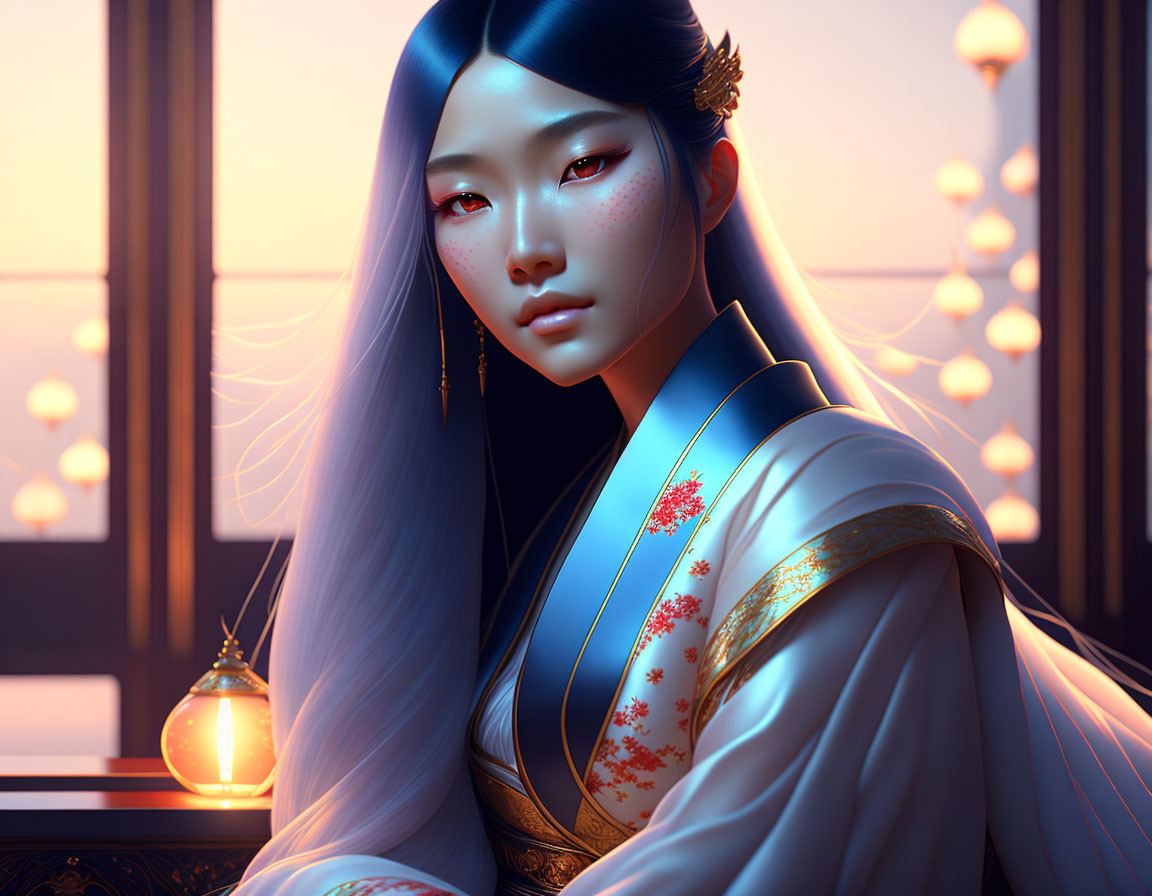 Illustration: Woman with Silver Hair in Traditional Attire with Lanterns and Sunset