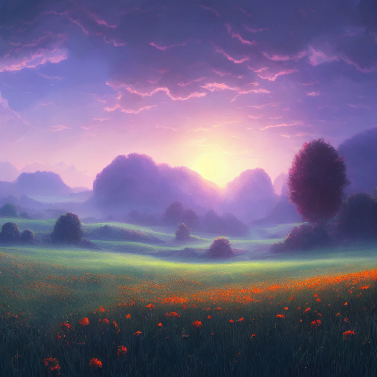 Serene meadow at sunrise with purple skies and orange flowers