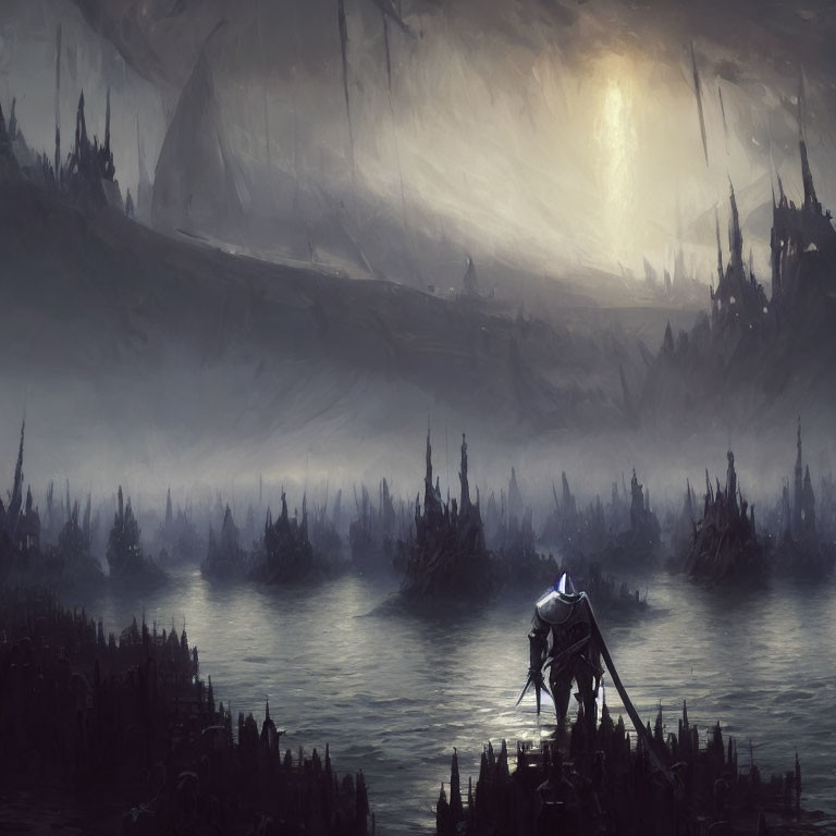 Solitary figure in misty gothic landscape with spire-like structures
