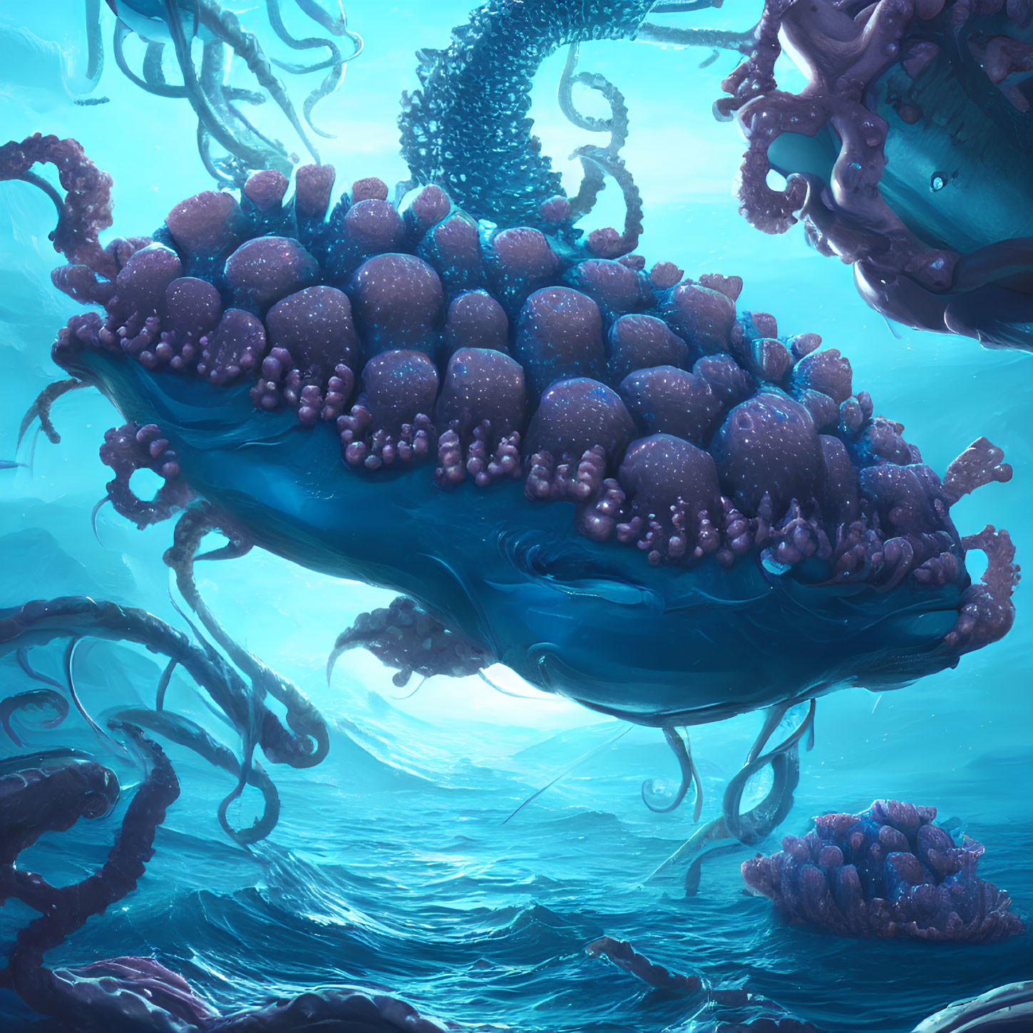 Fantastical underwater scene with turtle and domed shell surrounded by tentacles