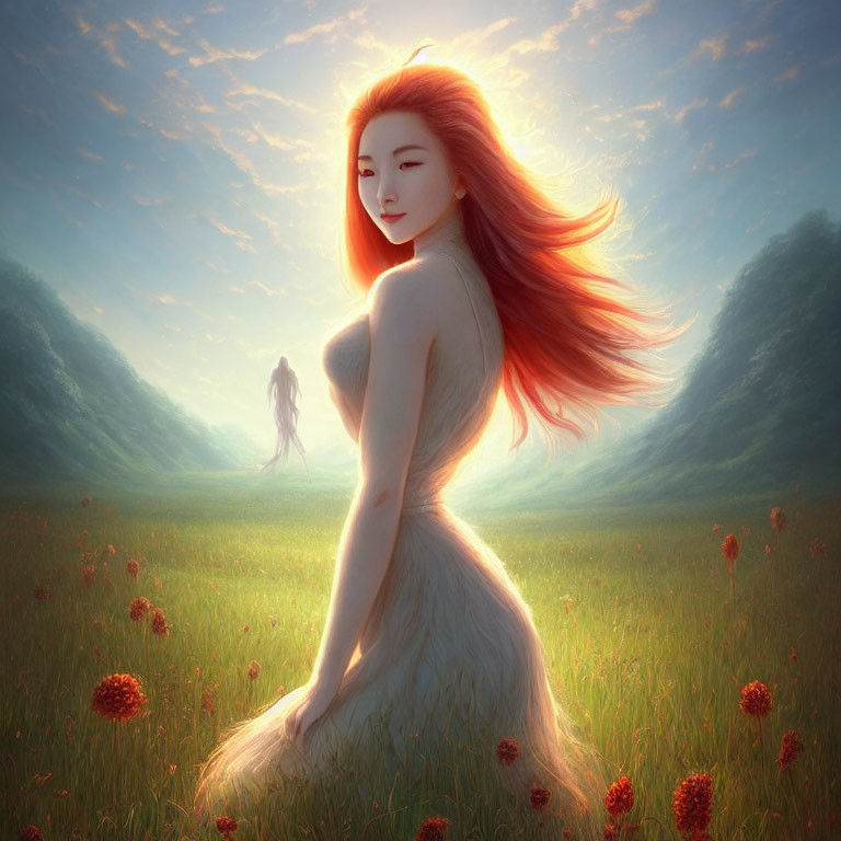 Illustration of woman with red hair in sunlit meadow with looming figure