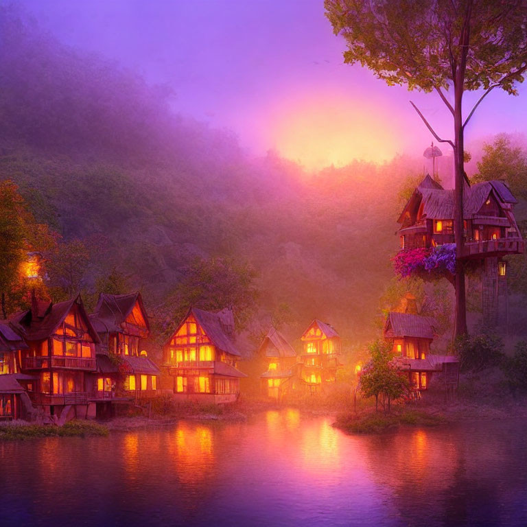 Tranquil twilight scene: quaint houses by river at sunset