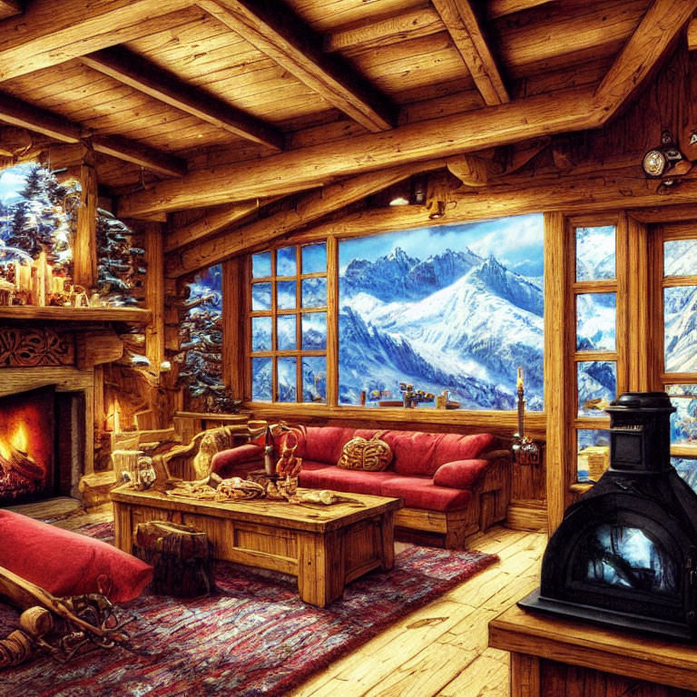 Warmly lit wooden cabin interior with plush seating, fireplace, snowy mountain view.
