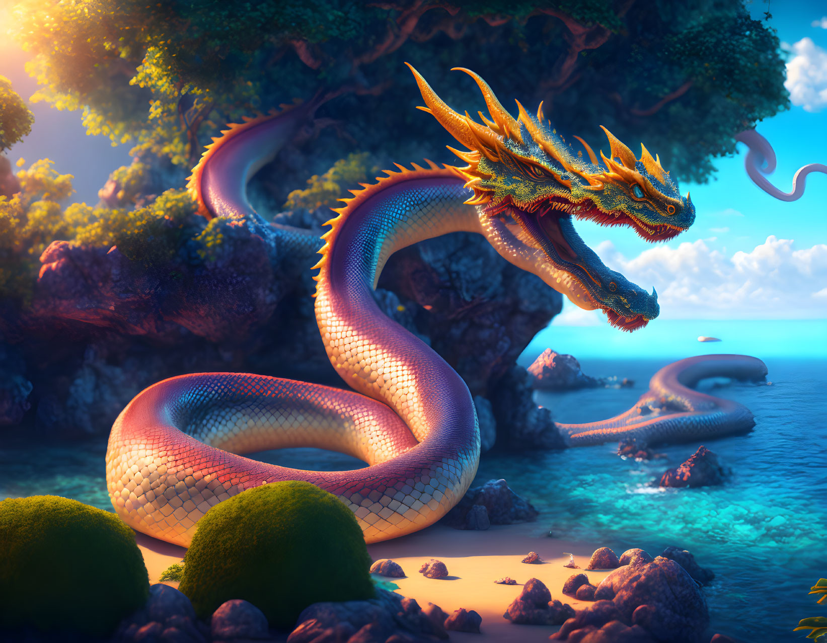 Colorful Majestic Dragon Coils Around Ancient Tree in Tranquil Forest