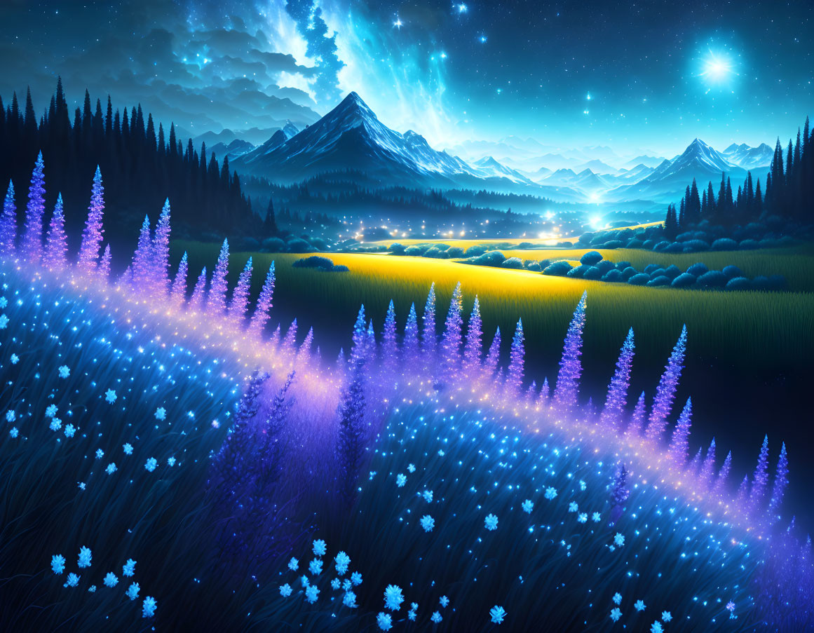 Vibrant nighttime landscape with glowing flowers, yellow field, mountains.