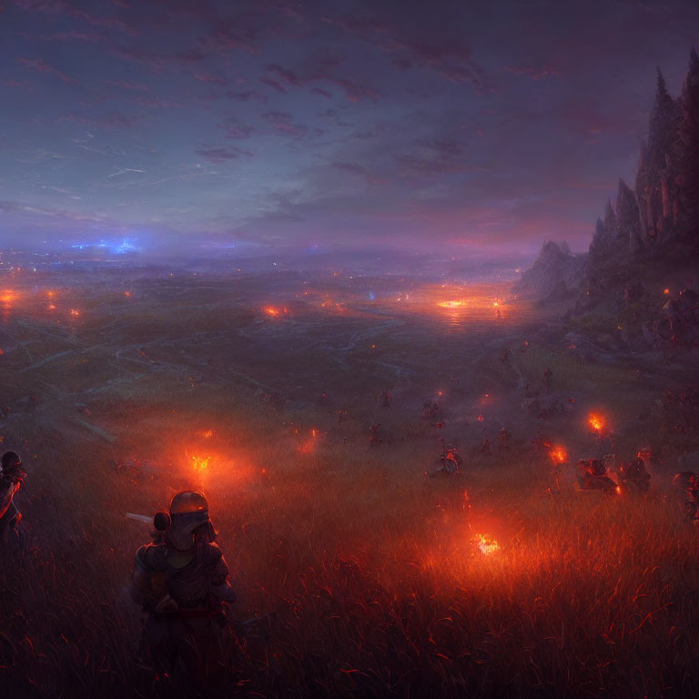 Twilight scene of soldiers in grassy field preparing for battle under purple sky.