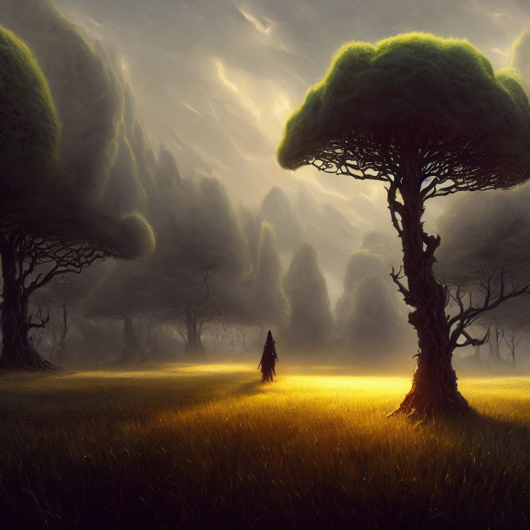 Mystical landscape with cloaked figure in dreamy meadow surrounded by oversized trees