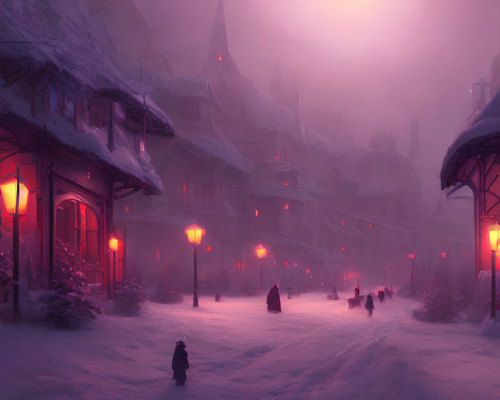 Snowy Village Scene: Dusk Glow, Pink Sky, Walking People