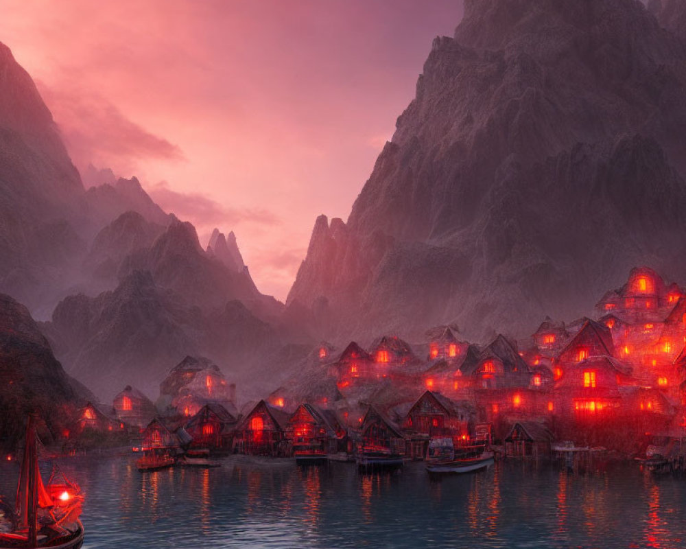 Twilight scene: Tranquil village by water, glowing houses, pink sky, towering mountains