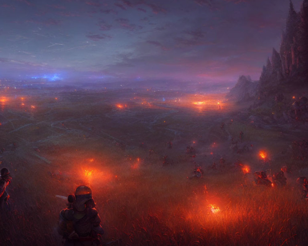 Twilight scene of soldiers in grassy field preparing for battle under purple sky.