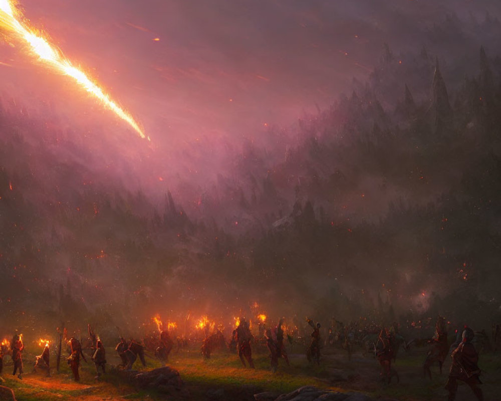 Fantasy battle scene at dusk with warriors, torches, fiery meteor, purple sky, dark forest