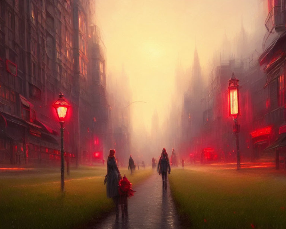 Misty urban street at dusk with glowing red streetlights and pedestrians