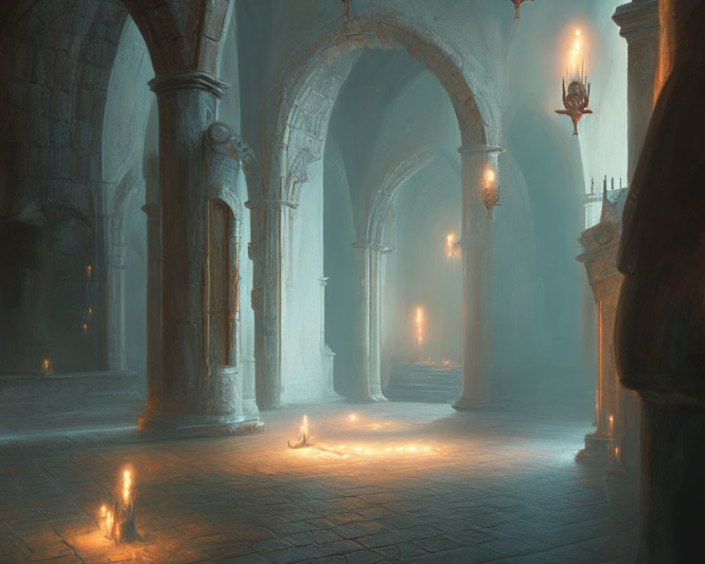 Medieval stone hallway with candles, torches, arches, candelabrum, and soft
