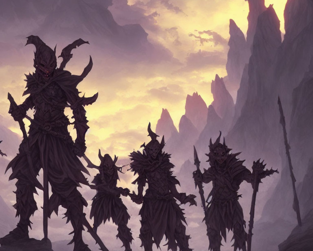 Menacing armored figures with glowing eyes in mountainous backdrop