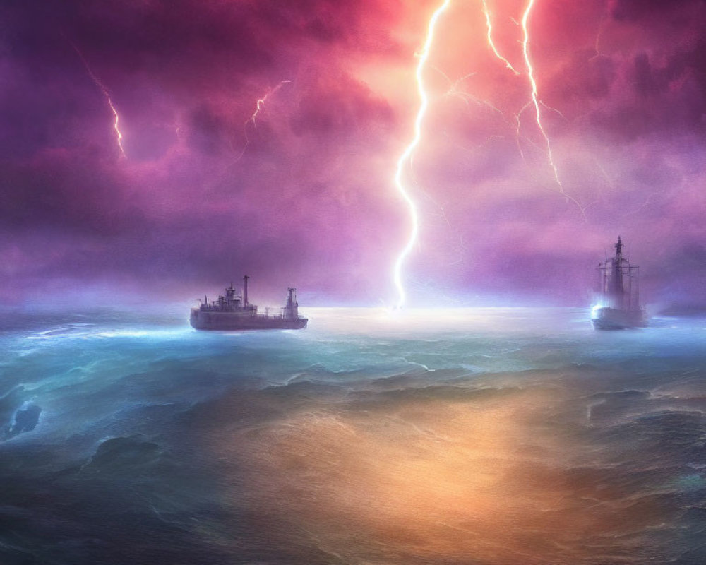 Ocean storm scene with two ships in high waves under dramatic sky with lightning strikes in purple and pink hues