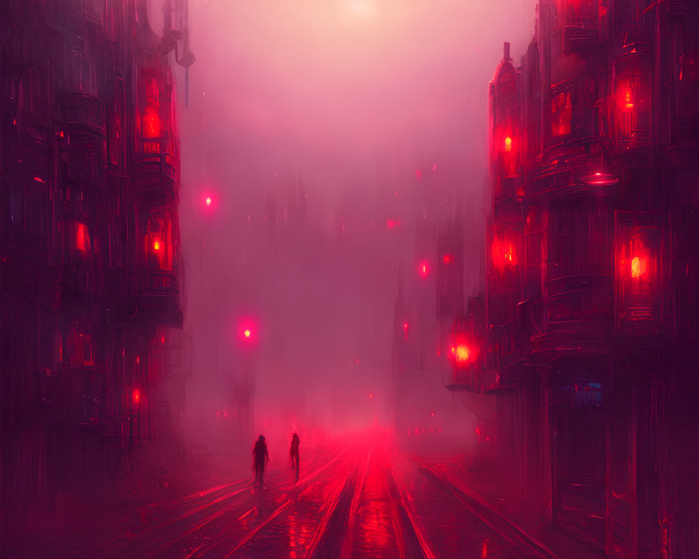 Misty cyberpunk street with neon lights and silhouetted figures