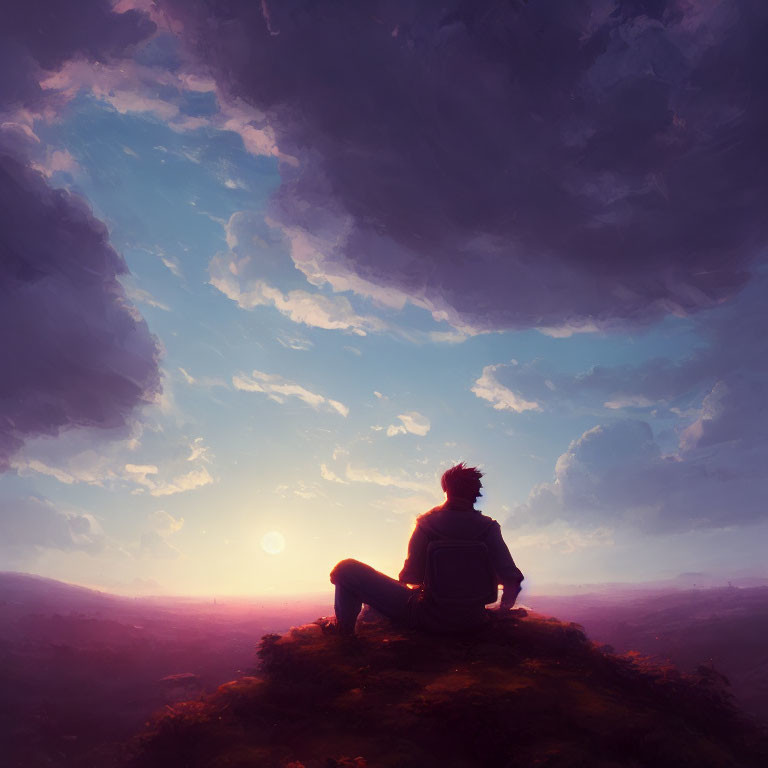 Person sitting on grassy hill at sunset with colorful sky and clouds above vast landscape