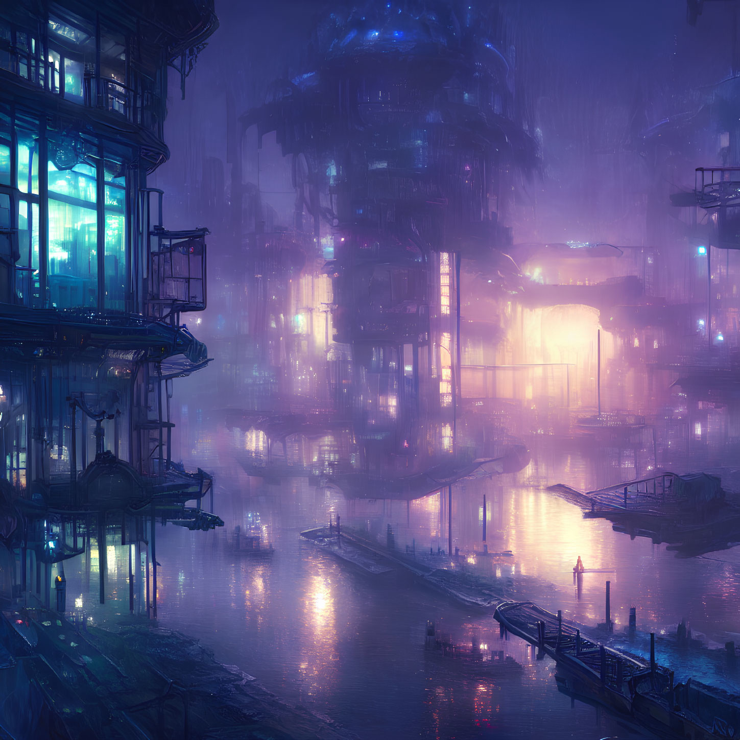 Futuristic neon-lit cityscape with towering structures