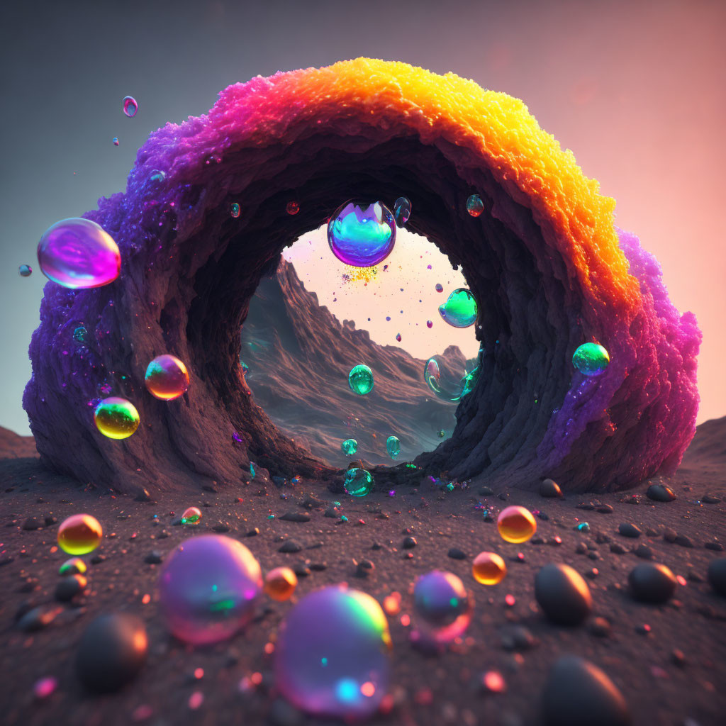Colorful Fuzzy Arch on Rocky Terrain under Pink Sky with Iridescent Bubbles