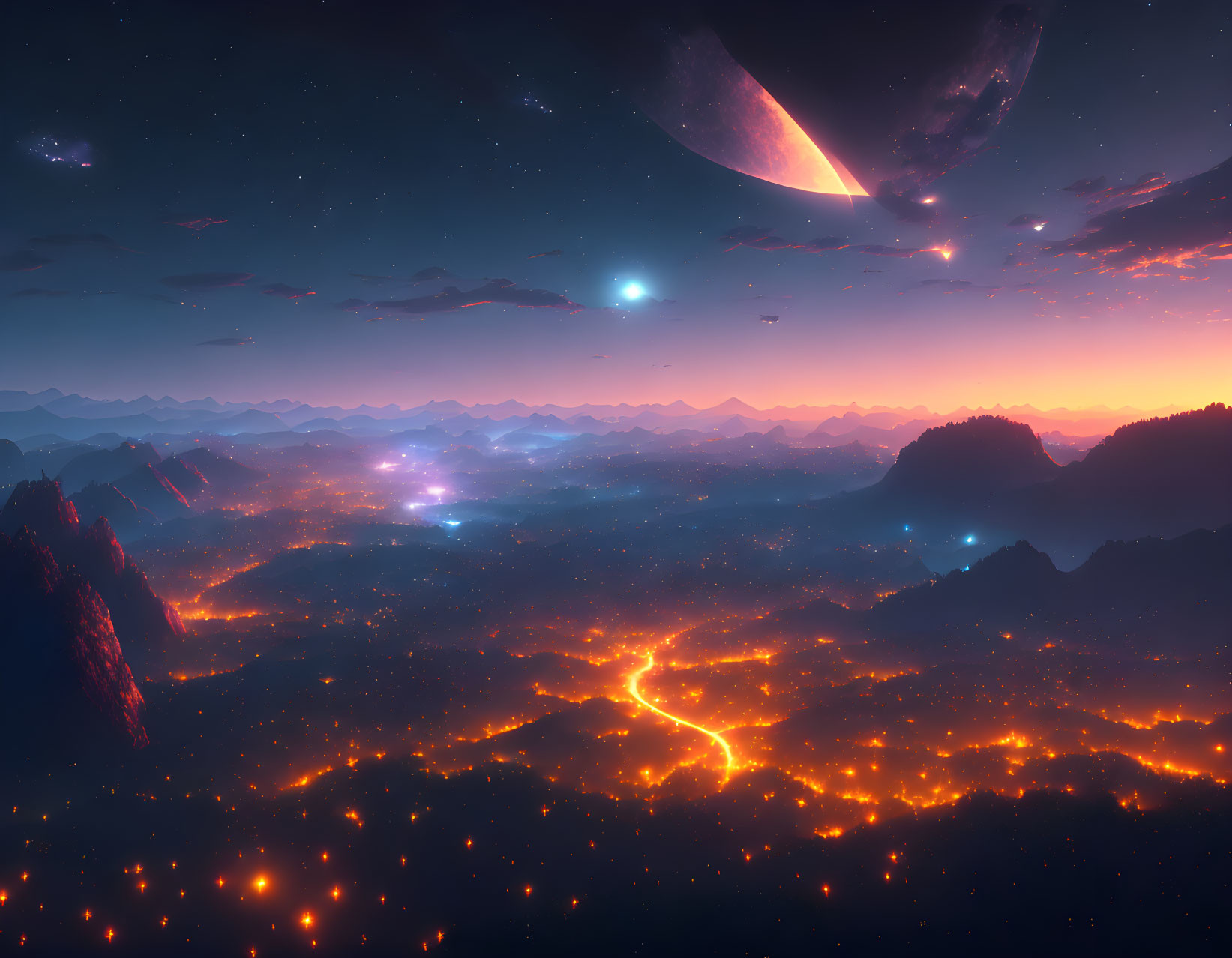Surreal landscape with illuminated lava flows and dark mountains