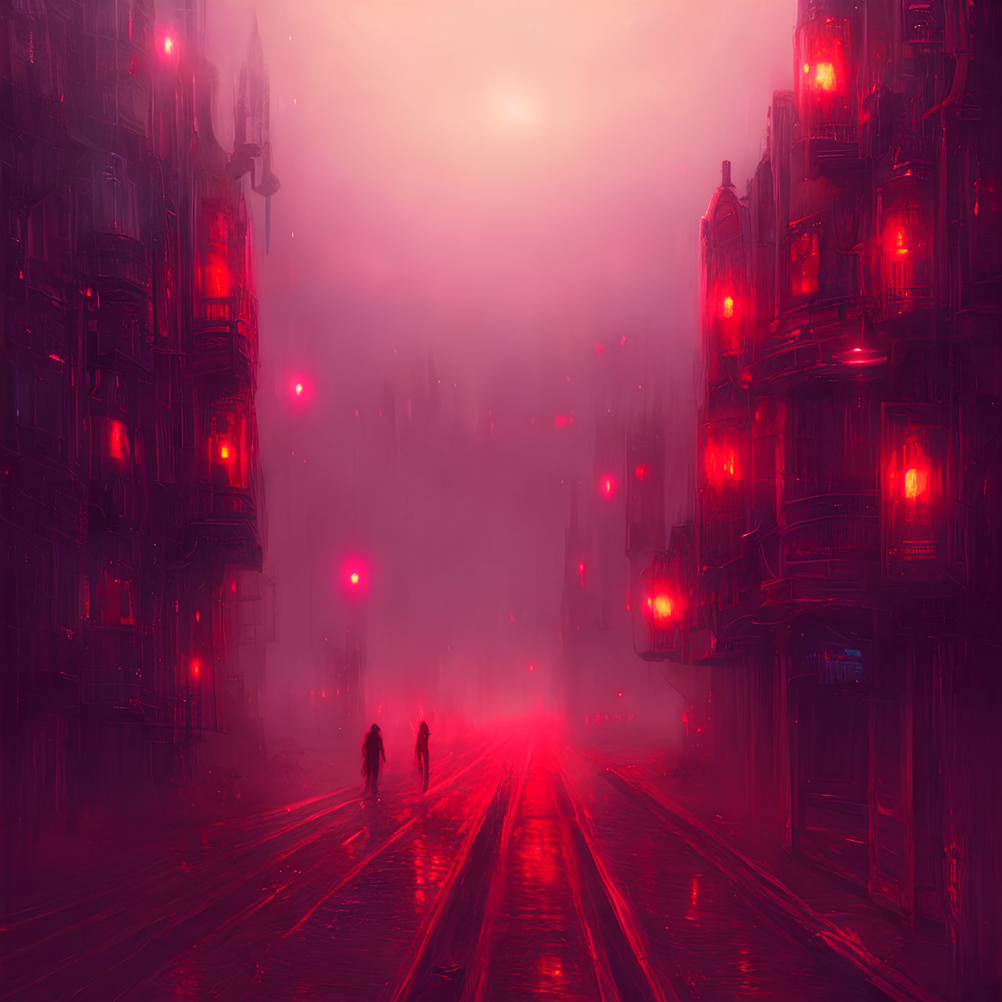 Misty cyberpunk street with neon lights and silhouetted figures
