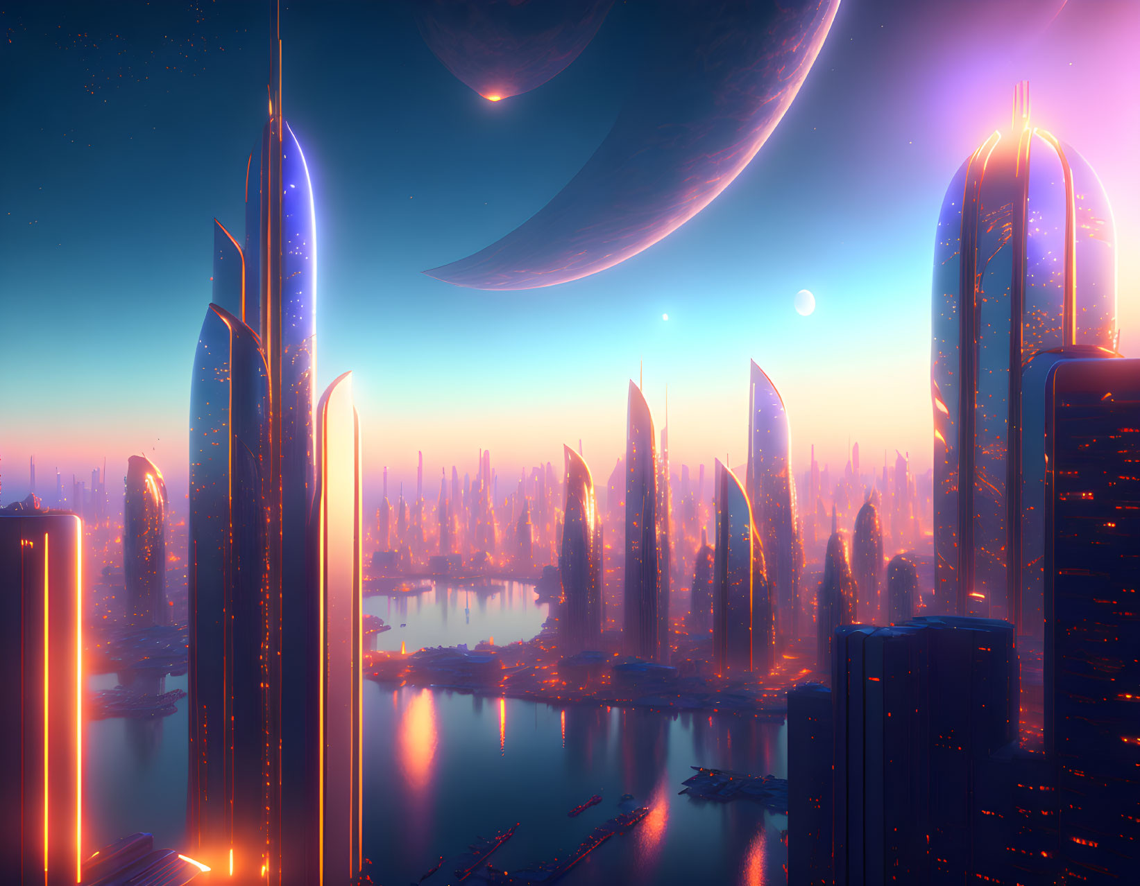Futuristic city skyline at dusk with neon lights, skyscrapers, and celestial bodies reflecting on