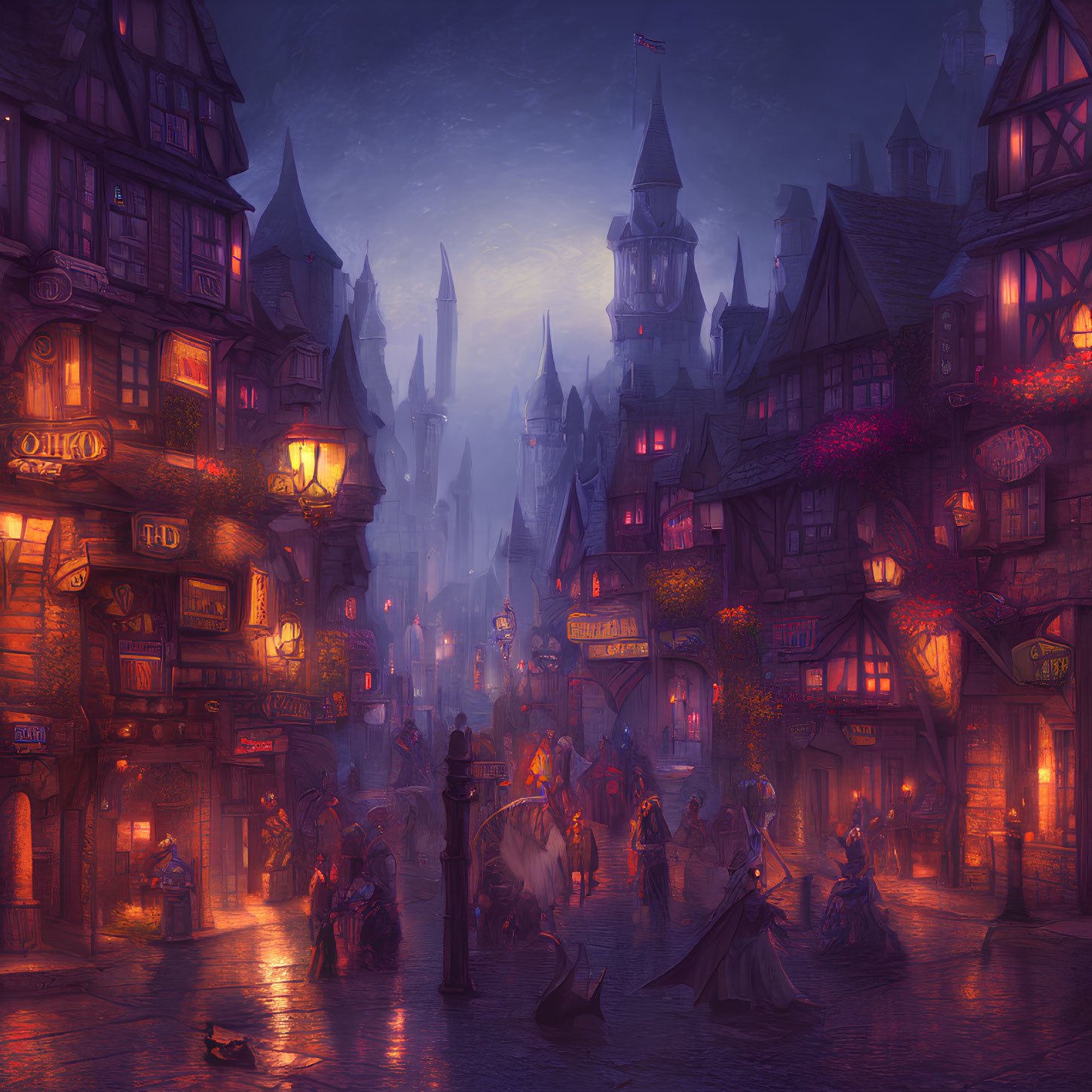Medieval city street at twilight with cloaked figures and ornate buildings