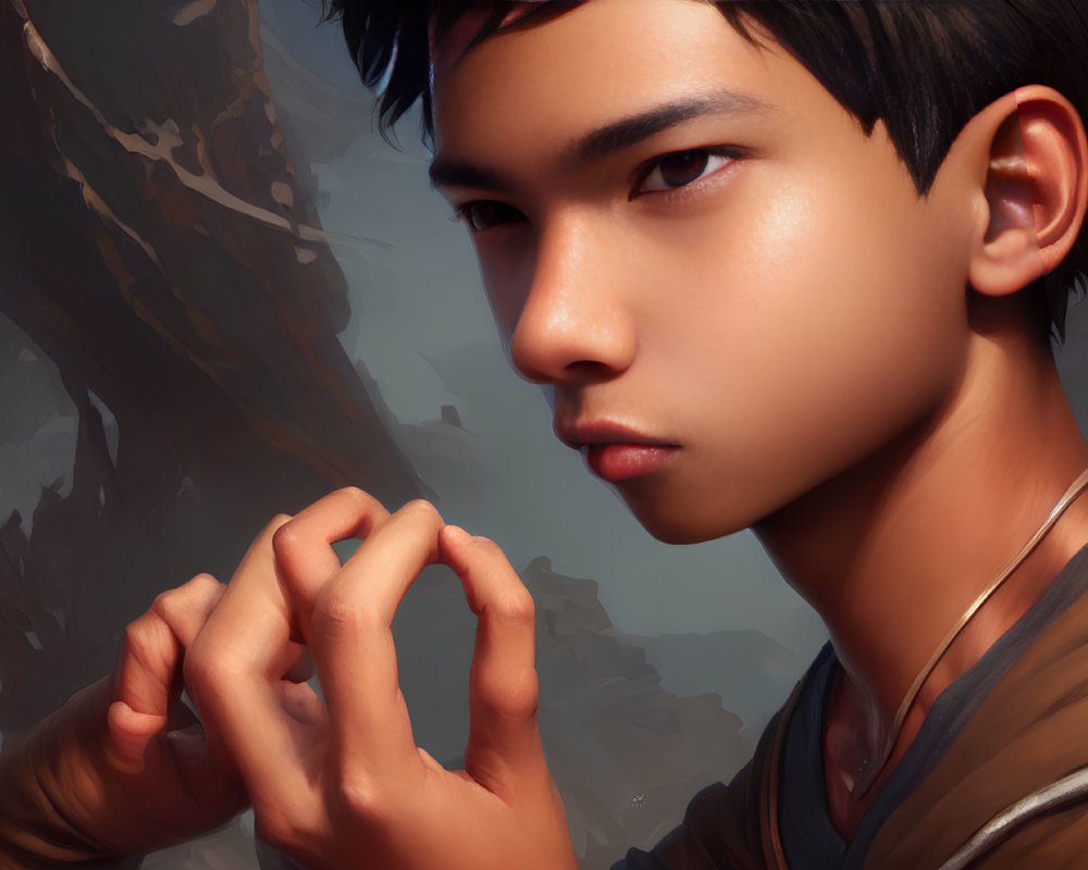 Detailed digital portrait of young person with intense eyes and intricate finger gesture against stylized background
