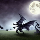 Warrior confronts dragon in cemetery under full moon