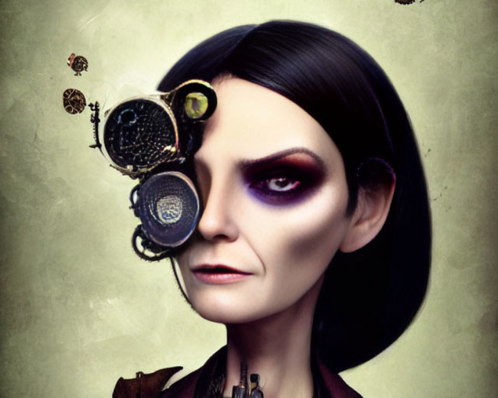 Gothic steampunk portrait of woman with pale skin and mechanical head accessories