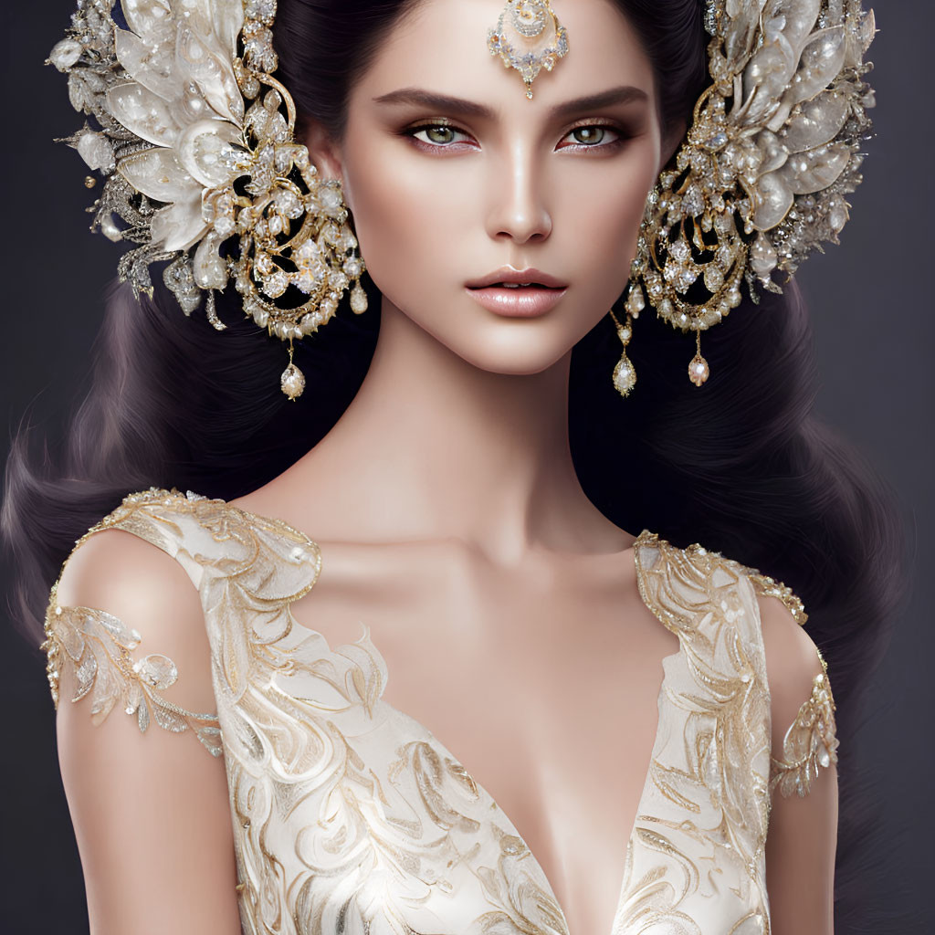 Digital artwork featuring woman in gold and white headpieces and ornate attire.