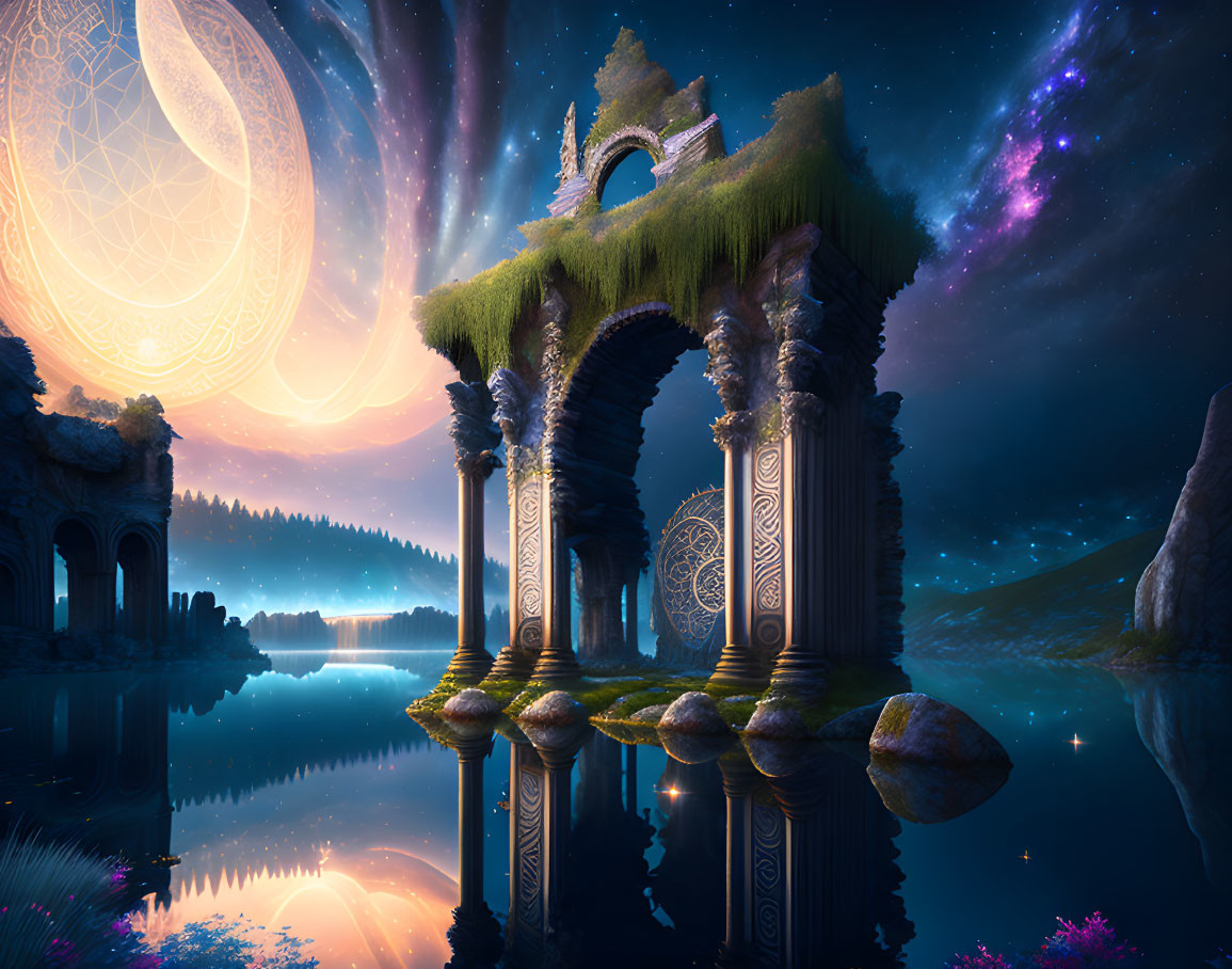 Ornate archway on tranquil lake under starry sky