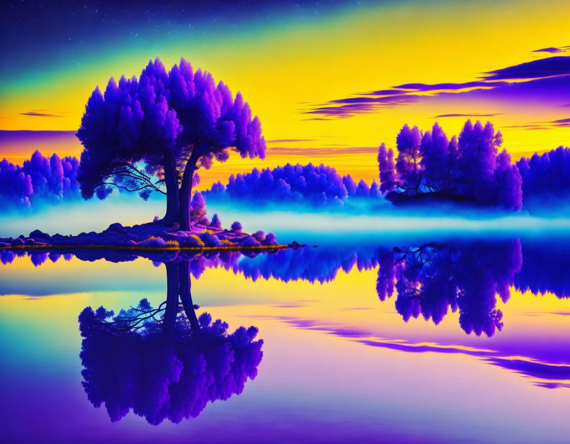 Twilight landscape with serene tree reflected in calm water