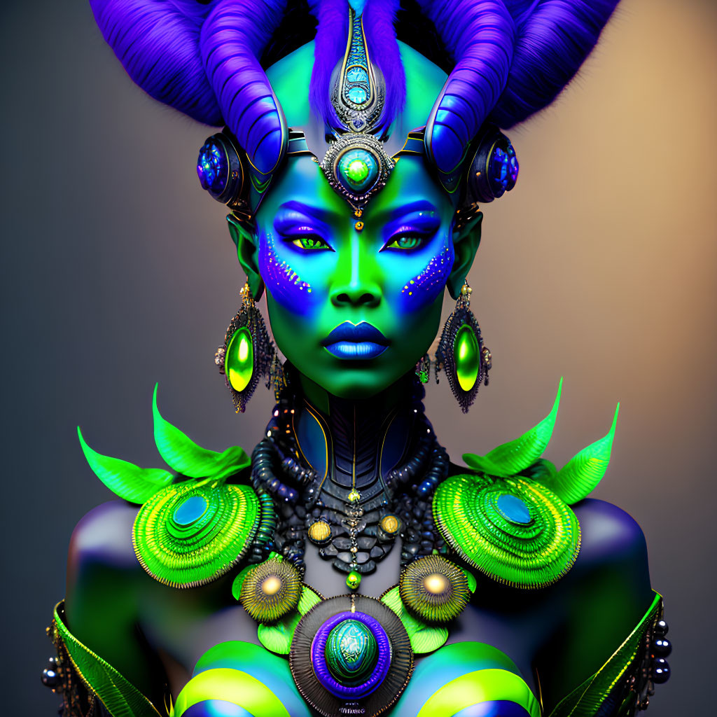 Colorful 3D illustration of alien with blue skin and intricate headgear against gradient backdrop