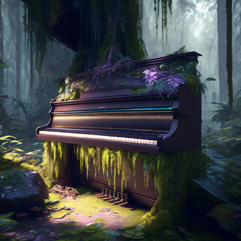 Upright piano covered in moss and vines in misty forest setting