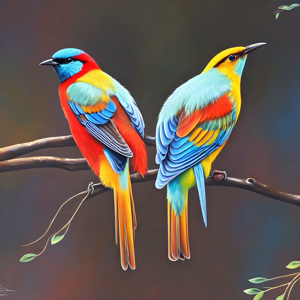 Colorful Birds Perched on Branch with Soft Background