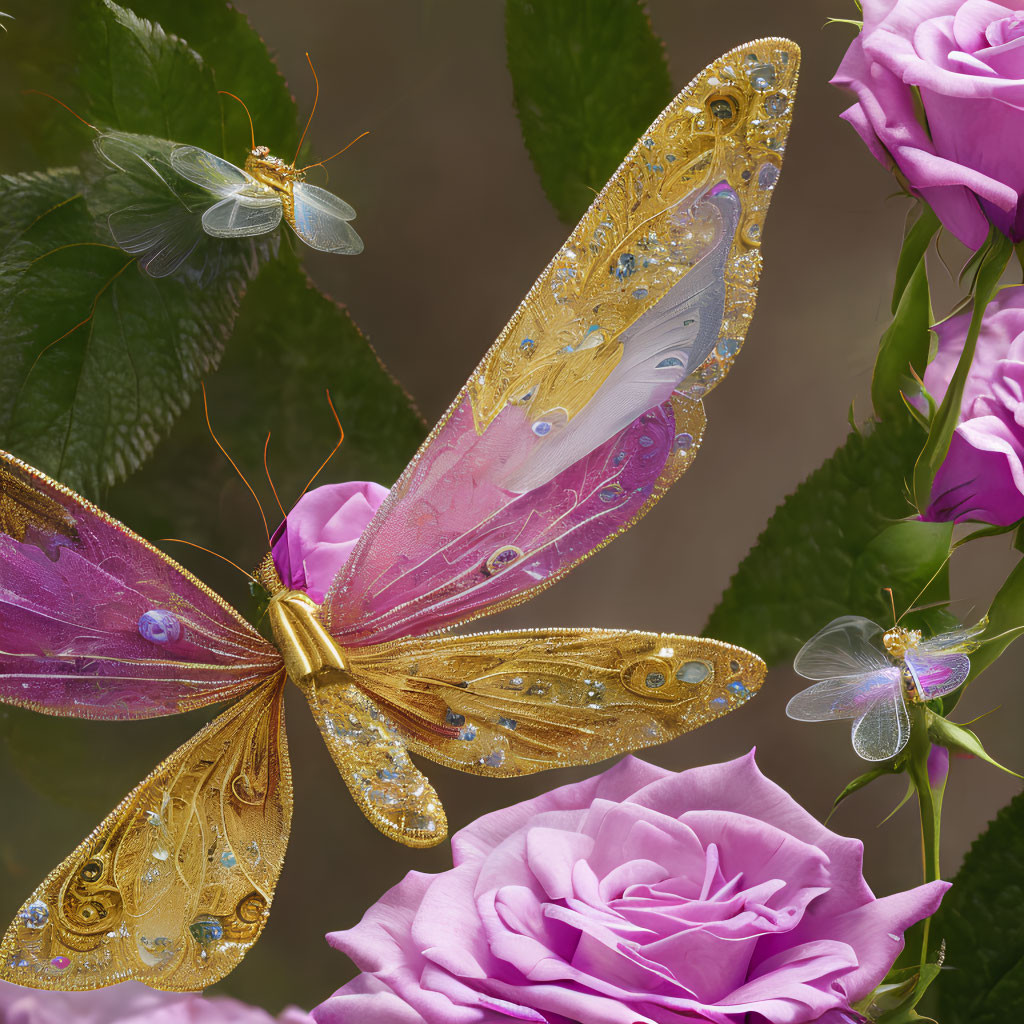 Digital artwork of vibrant butterflies on pink roses