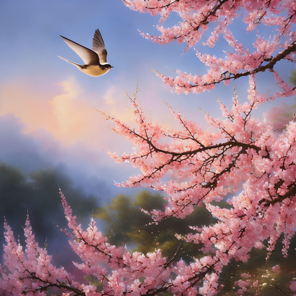 Bird flying among pink cherry blossoms at sunrise with soft clouds.