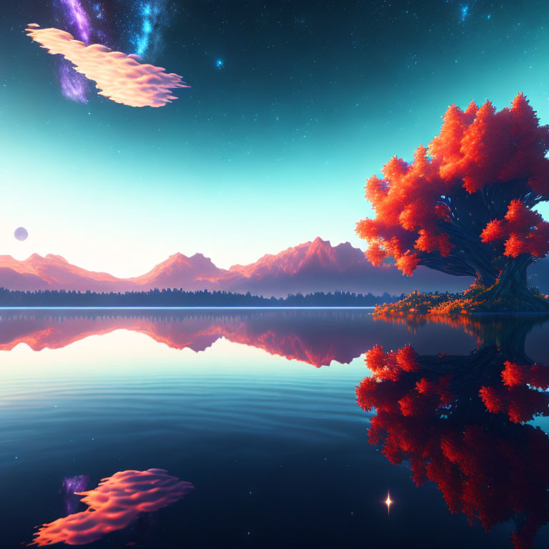 Colorful alien landscape with orange tree, lake, mountains, starry sky.