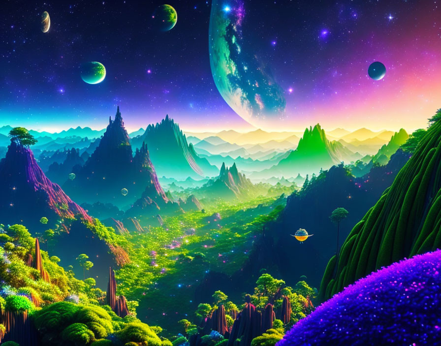 Colorful Fantasy Landscape with Starship and Celestial Bodies