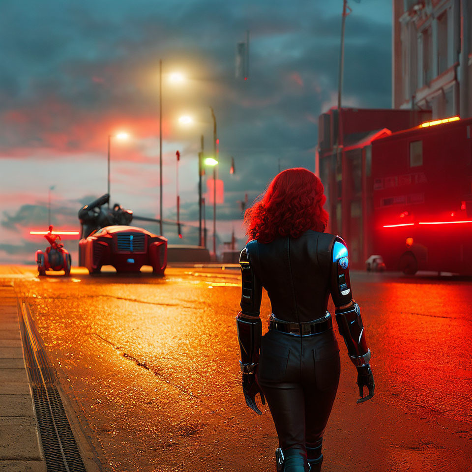Red-haired woman in futuristic suit near motorcycle in neon-lit futuristic city