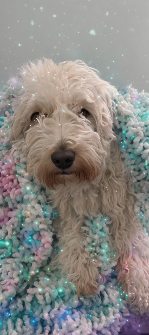 Fluffy white dog in shaggy coat under multicolored knitted blanket