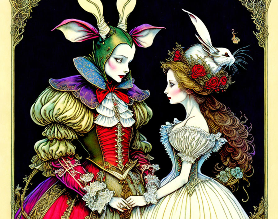 Fantasy characters in rabbit head and Victorian dress costumes, rich in intricate details
