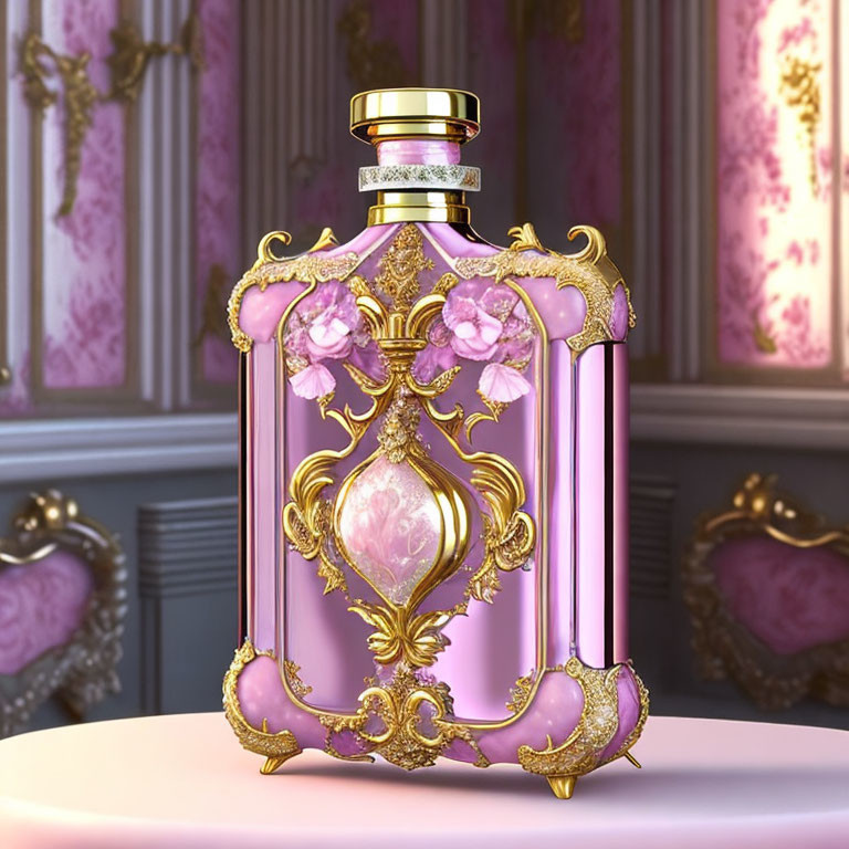 Luxurious Pink and Gold Room Background with Ornate Perfume Bottle