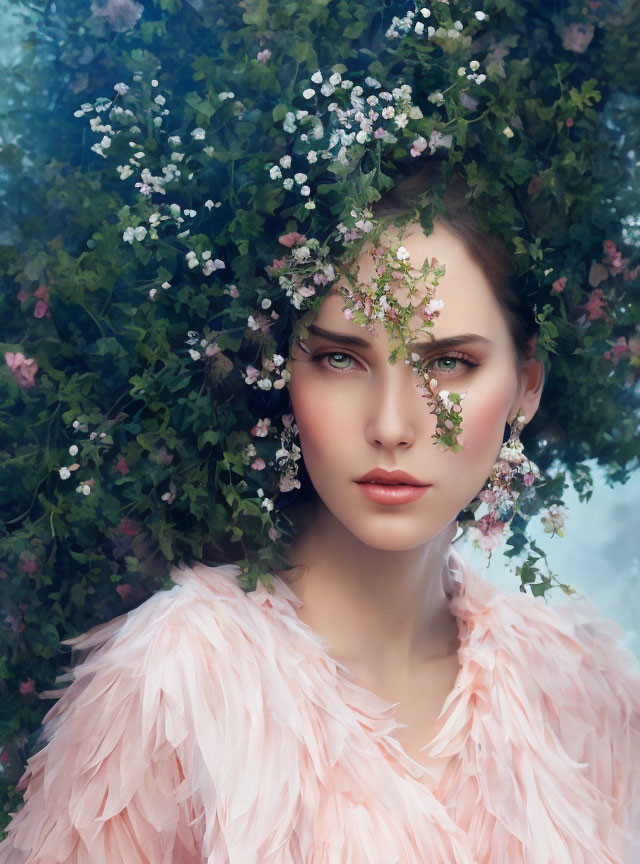 Portrait of Woman with Floral Adornments and Green Eyes