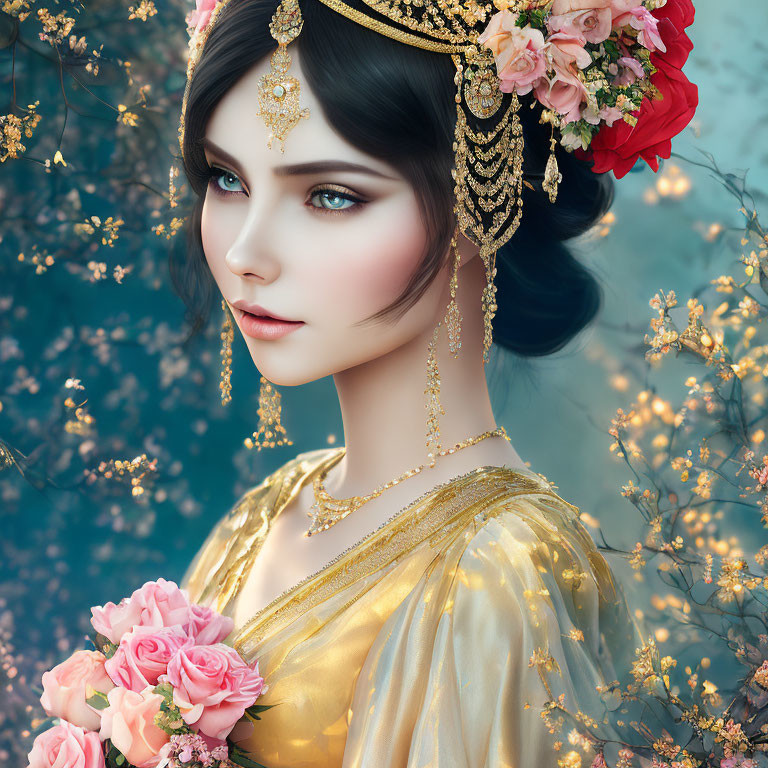 Digital artwork: Woman with floral headpiece and roses bouquet