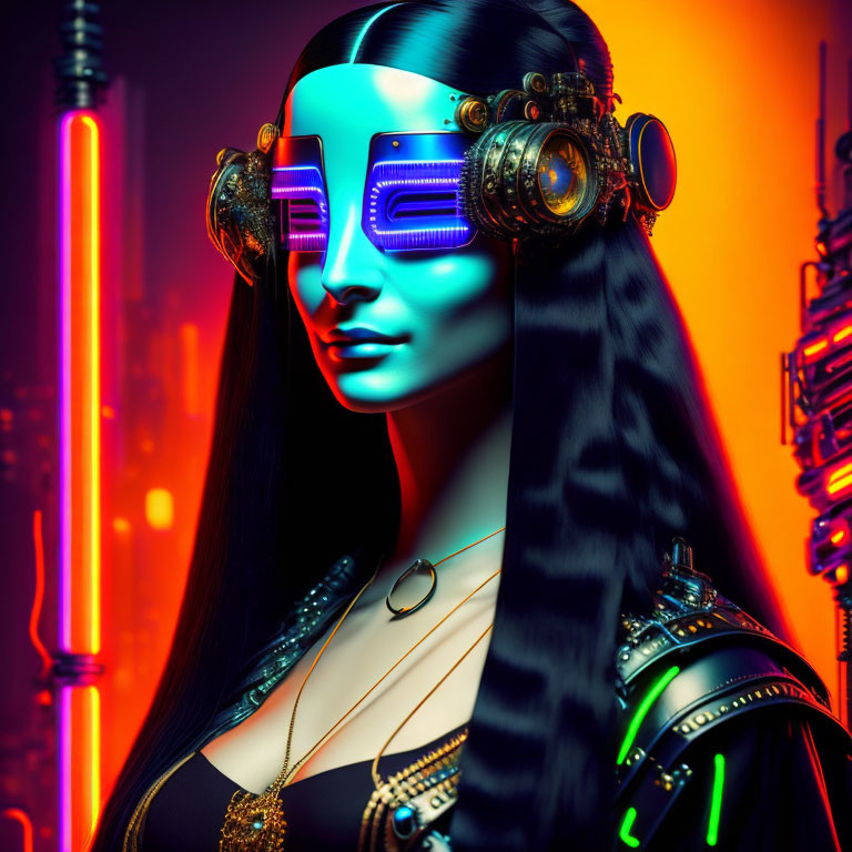 Female cyborg with neon-blue visor and headphones in cyberpunk setting